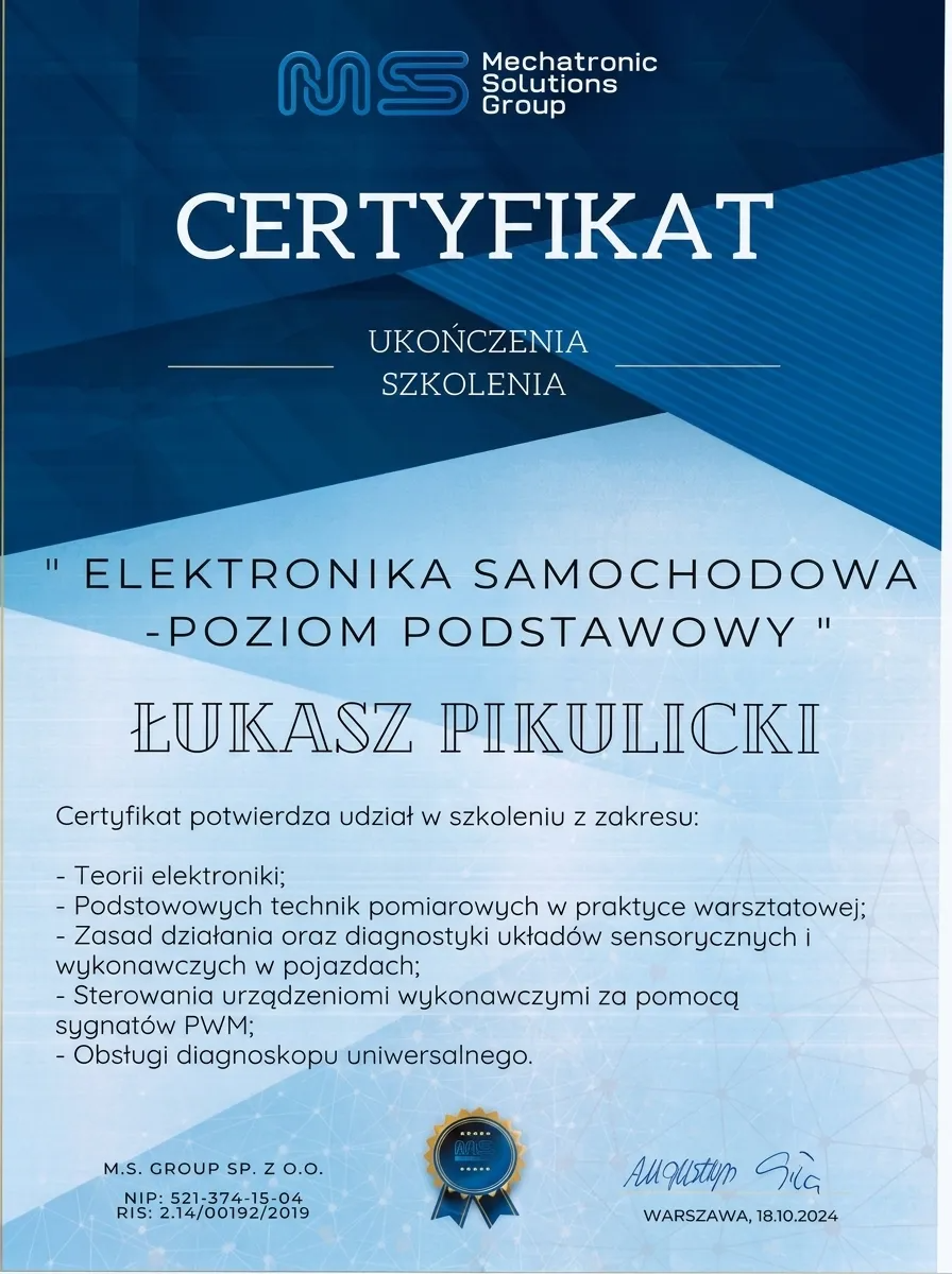 Certyfikat Elektronika samochodowa